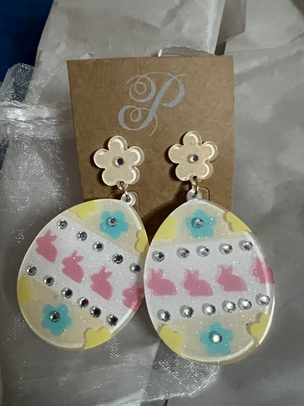 Floral Bunny Egg Dangle Earrings - Pink, Blue & Yellow
